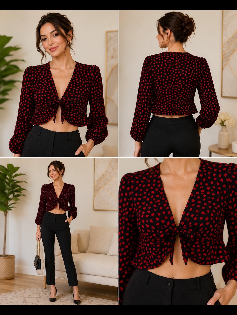 Red Heart Print Tie-Front Crop Blouse